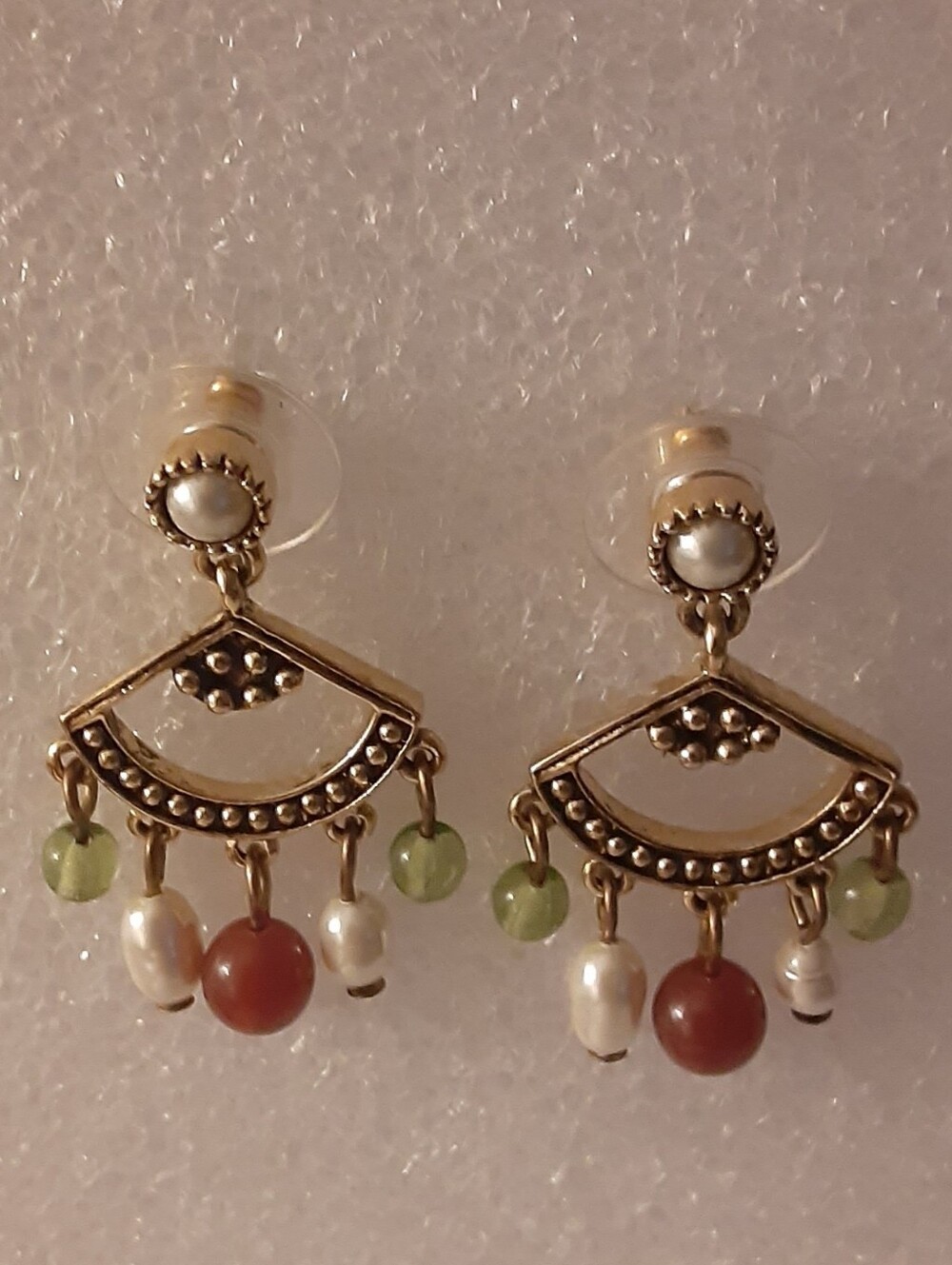 Napier Small Gold-Tone Dangle Earrings with Green, Pearl and Amber Tone Beads